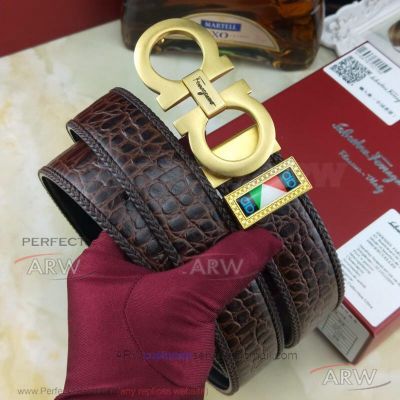 AAA Replica Cheap Ferragamo Brown Crocodile Belt - Gold Double Gancini Buckle